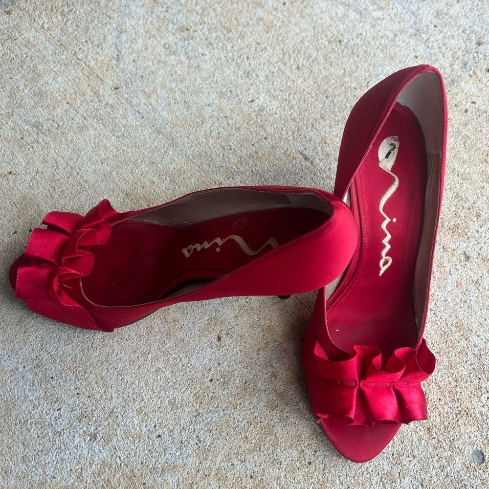 Nina red satin heels with satin bow detail